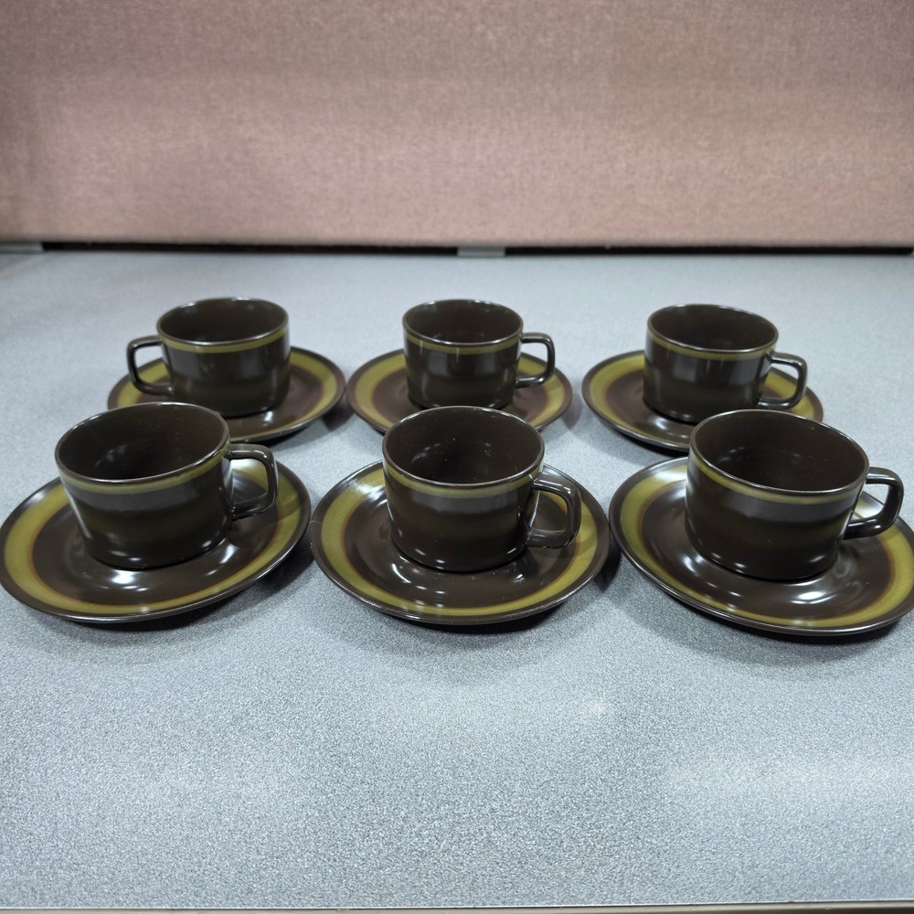Mikasa Majorca Cup Saucer Set 12pc Brown Green Vintage Japan MCM Excellent